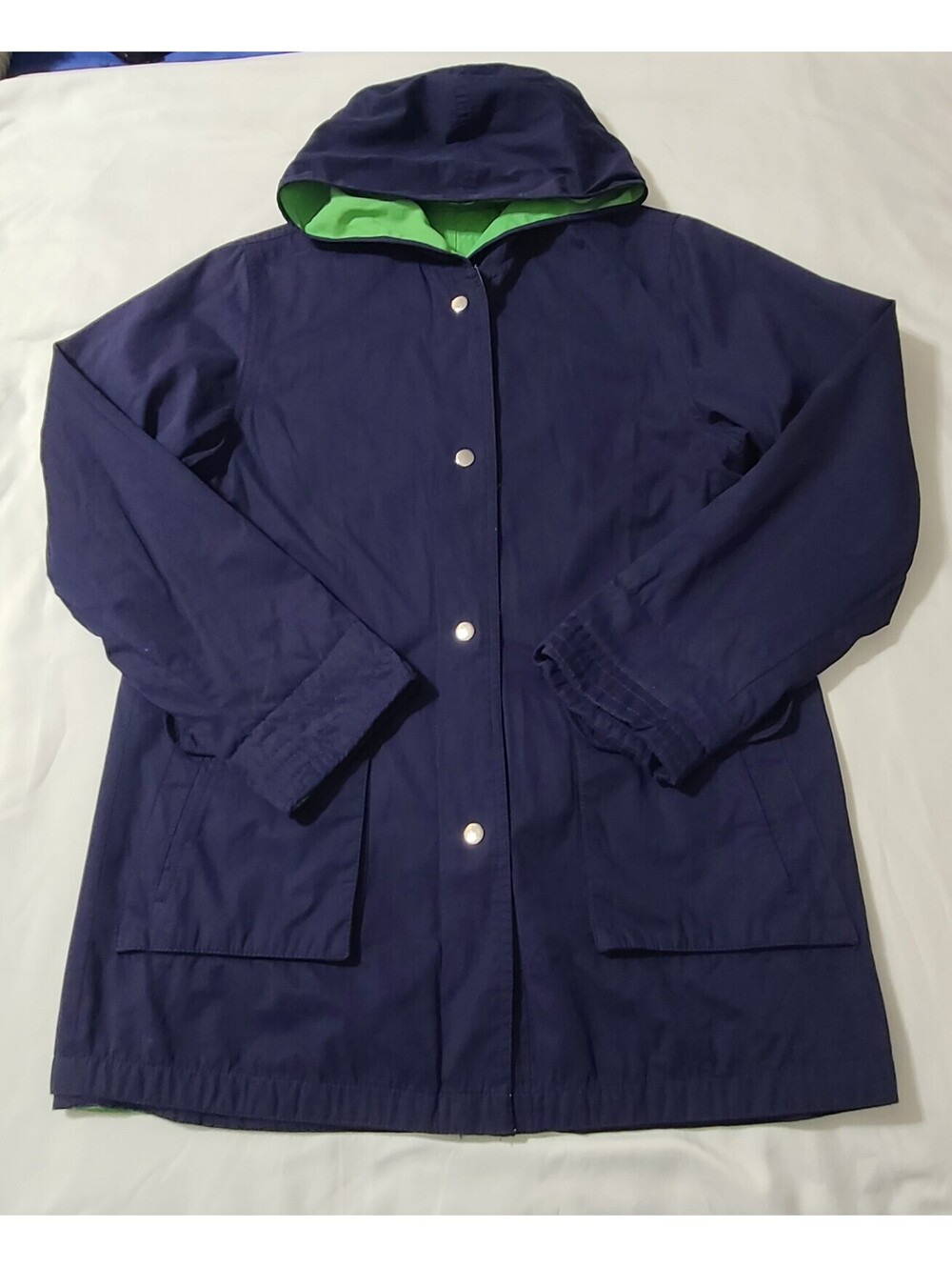 Talbots Reversible Rain Jacket Womens Sz Medium Blue & Green Hooded Utility Coat